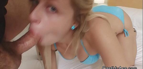  Bikini blonde amateur milks cock on casting